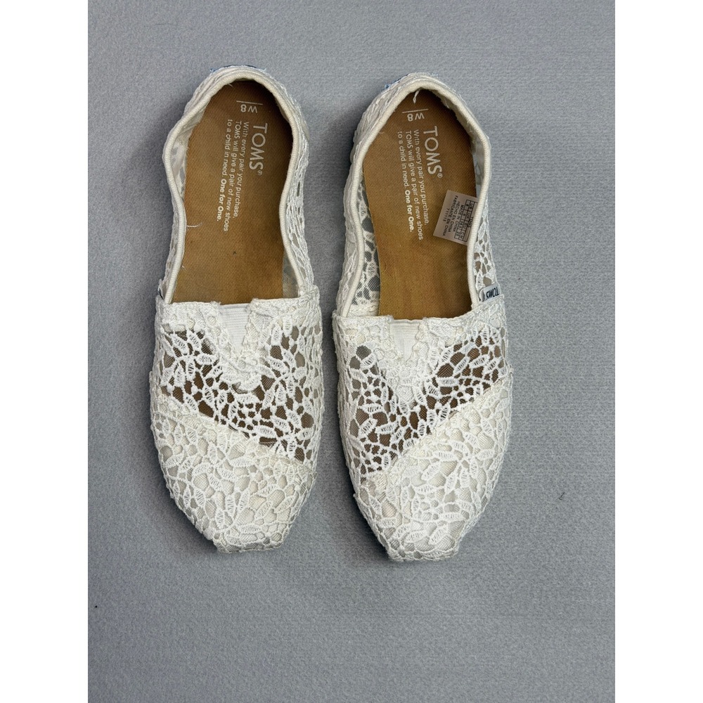 TOMS Womens Ivory Alpargata Lace Espadrille Slip On Shoes Size 8 Boho Flat